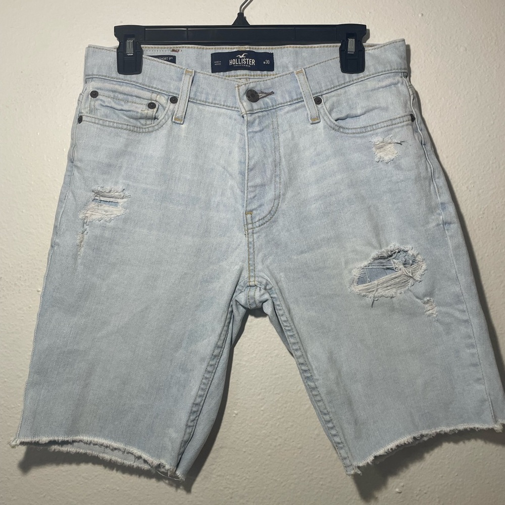 Hollister Men's Light Blue Ripped Epic Flex Jean Shorts